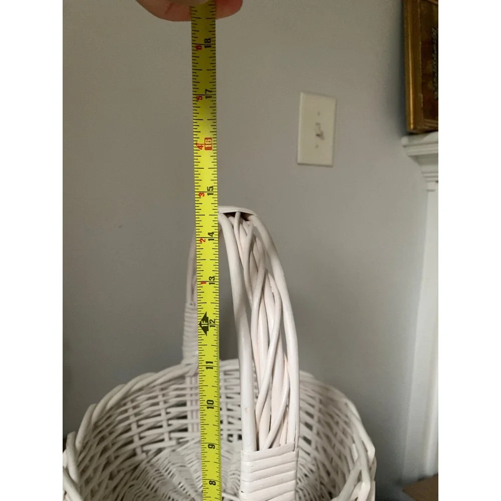 Vintage Off White Woven Wicker Basket with Handle Cottagecore Farmhouse Decor